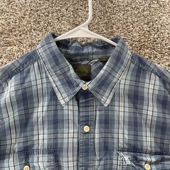 Timberland Shirt Mens Extra Large Blue Plaid Roll Tab Sleeves Button Up Casual - Picture 2 of 11